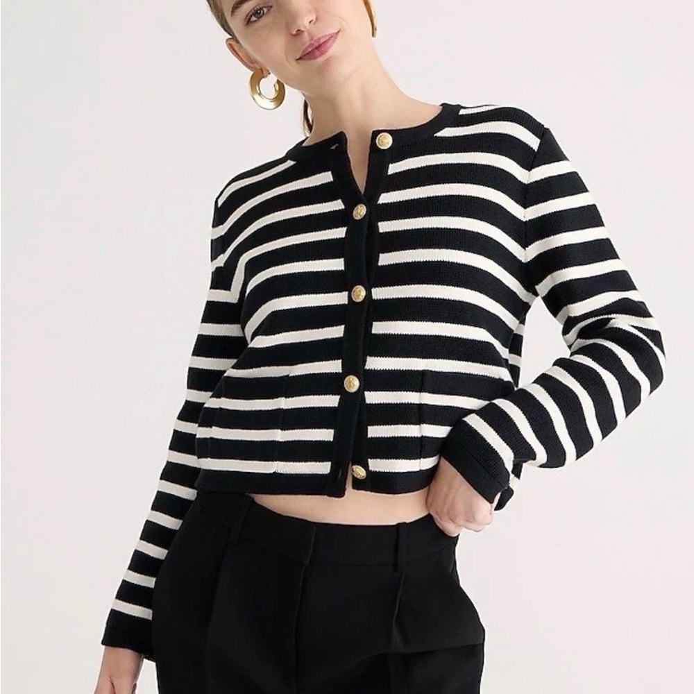 J.Crew Emilie Sweater Lady Jacket in Black Ivory Stripe Knit Cardigan sz L - Picture 2 of 13
